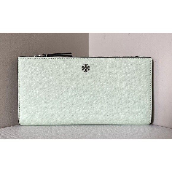 New Tory Burch Emerson Slim Envelope Leather Wallet Meadow Mist - Picture 1 of 5